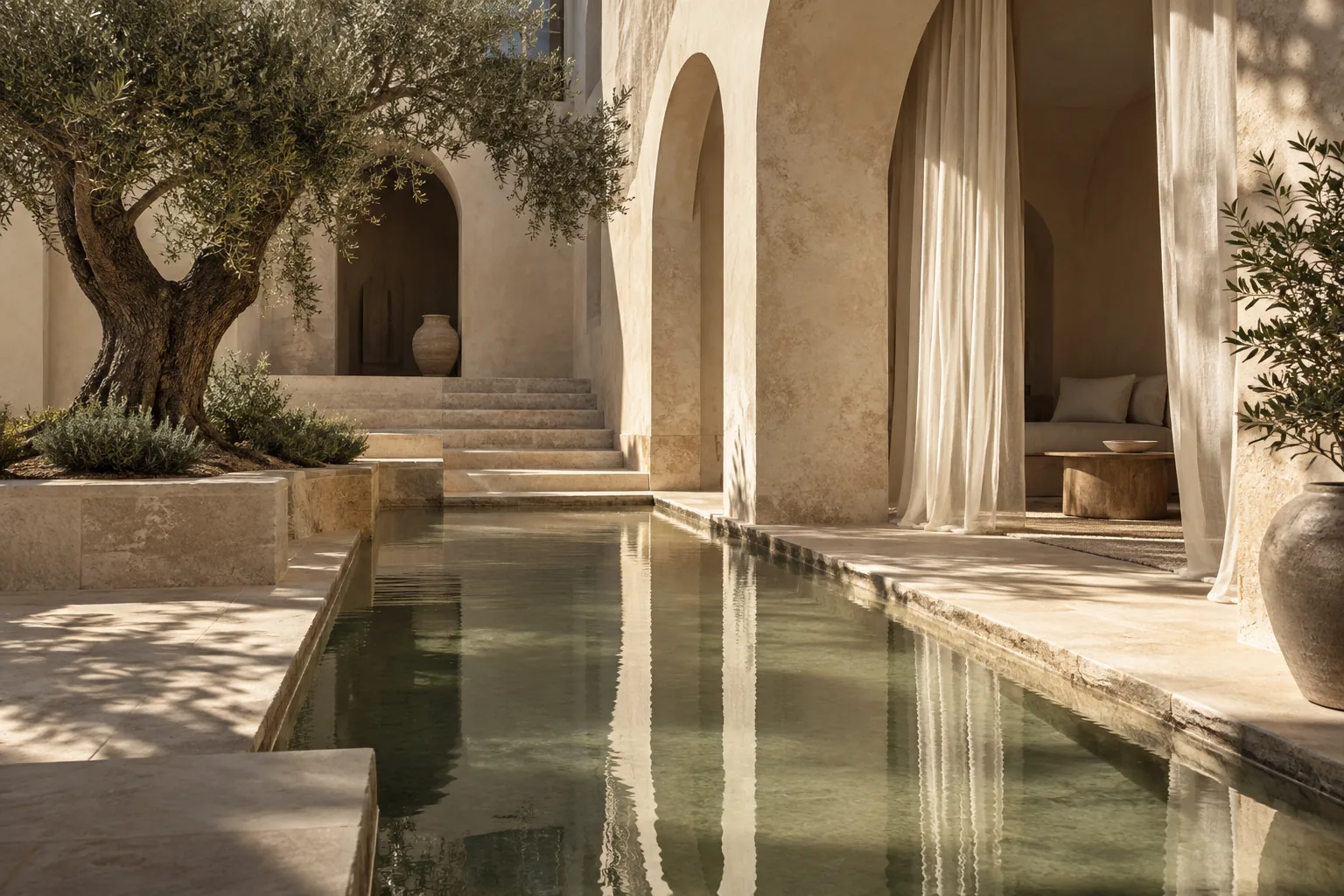 Imagined Mediterranean hotel courtyard with sunlit stone arches and a reflecting pool